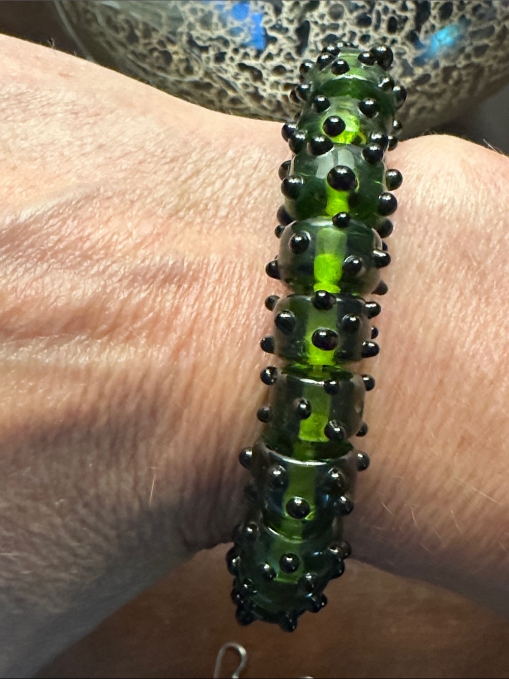 Handmade Green and Black Lampwork Beaded Bracelet and Earring Set - Picture 2 of 3